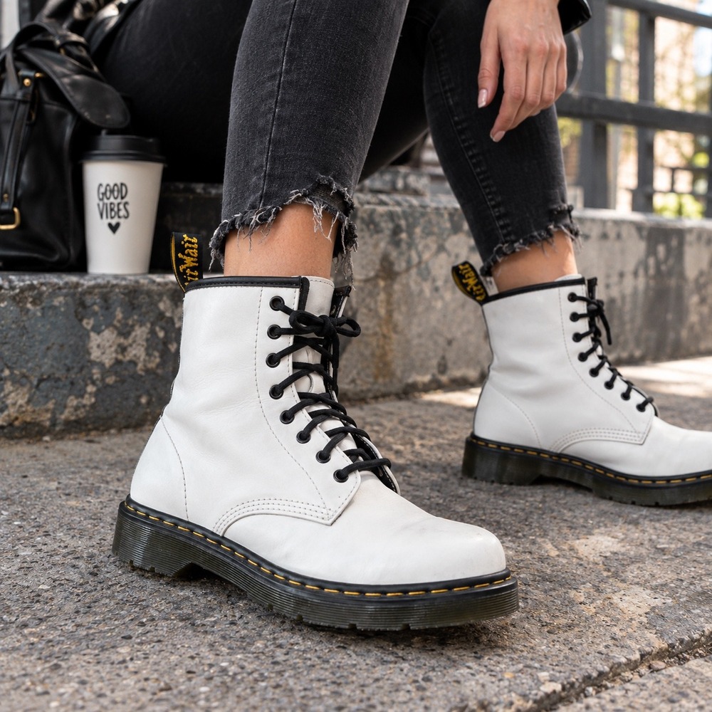 Dr. Martens 1460 Y White Leather Lace Up Side Zip Combat Boots Womens 7 UK 5‎